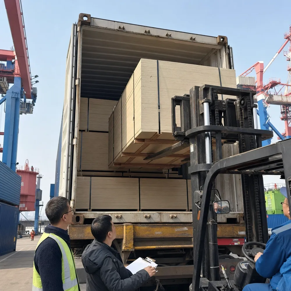 MR plywood bundles being loaded into a 40HQ container at Qingdao port