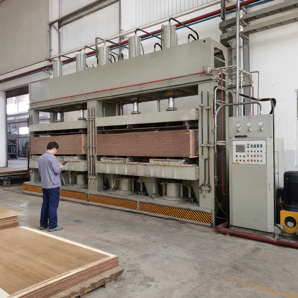 Multi-daylight hydraulic hot press with per-batch temperature and pressure logging