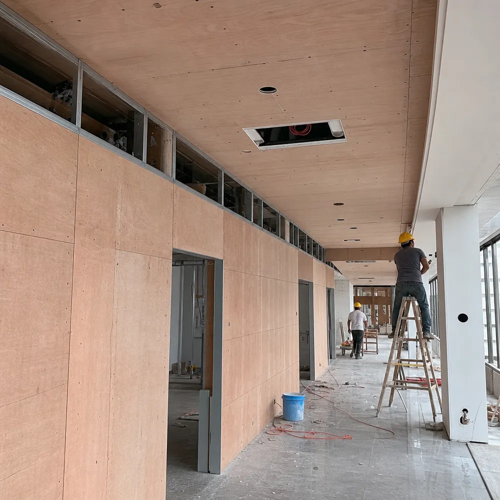 Interior fit-out and commercial construction using MR plywood for wall paneling and ceiling substrates