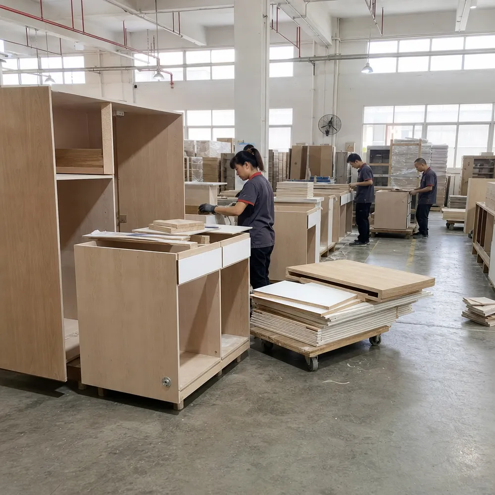 Kitchen and bathroom cabinetry export using MR-grade plywood core for North American and European markets