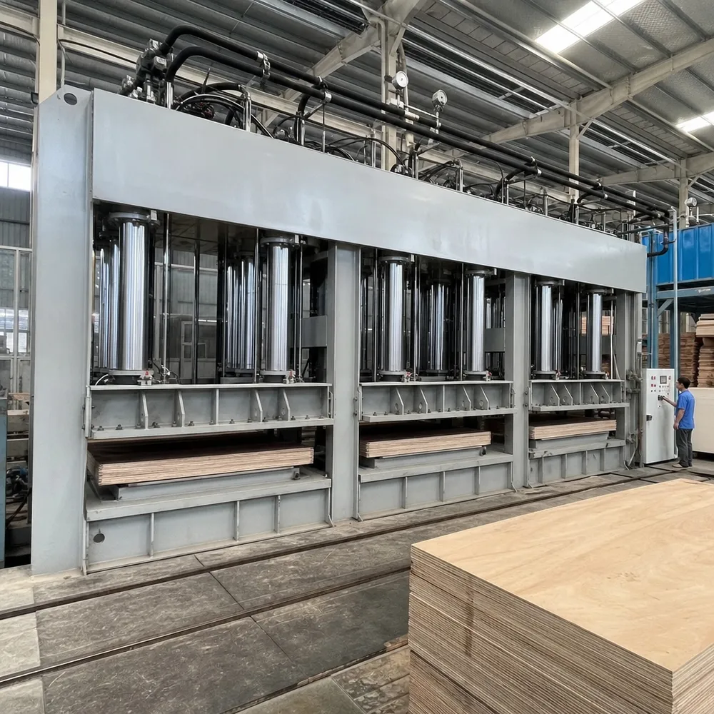 Multi-daylight hydraulic hot press system for structural plywood bonding