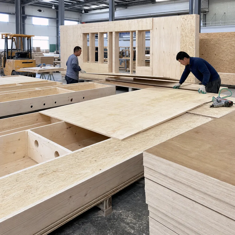 Structural plywood panels used in prefabricated modular building wall and floor assemblies