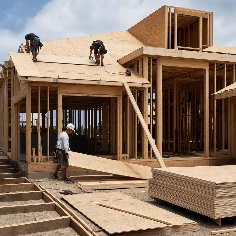 Structural plywood used in residential roof sheathing and floor decking