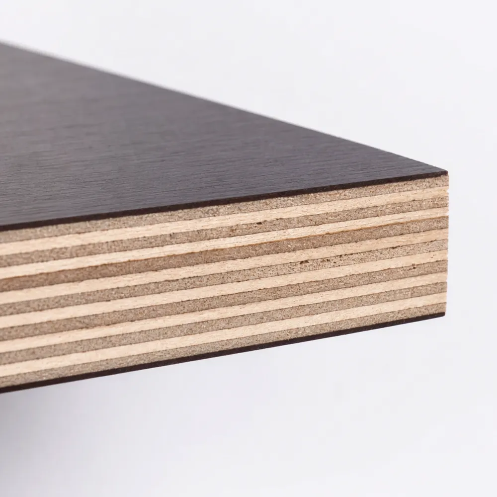 Cross-section of 12mm film faced plywood showing 9-ply hardwood veneer core and phenolic film layers