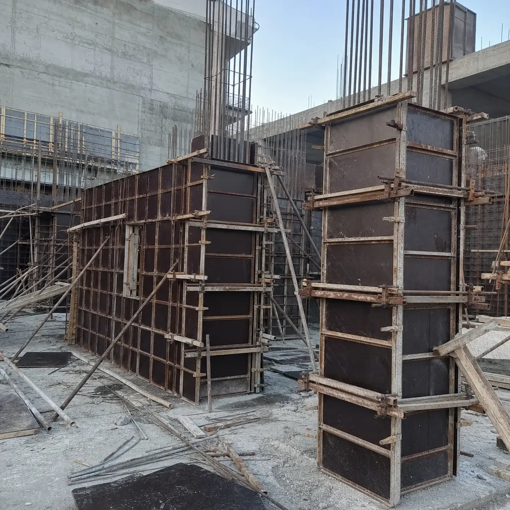 12mm film faced plywood used in wall shuttering and column formwork on a construction site