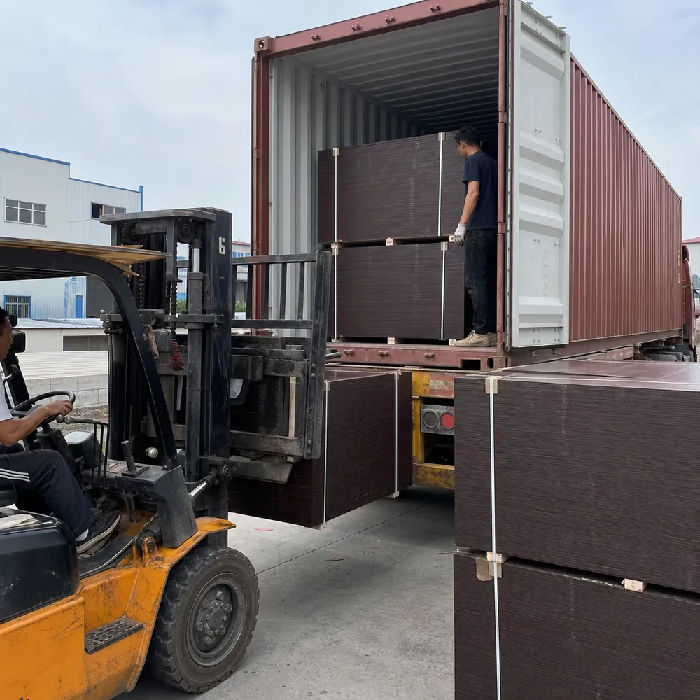 18mm film faced plywood panels bundled and loaded into export container at Qingdao port