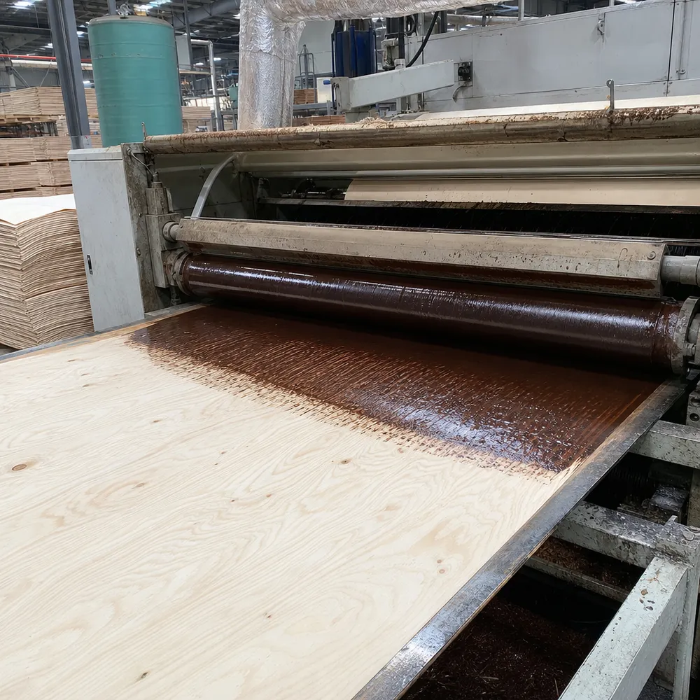 Automated roller spreader applying phenolic resin glue to birch veneer layup