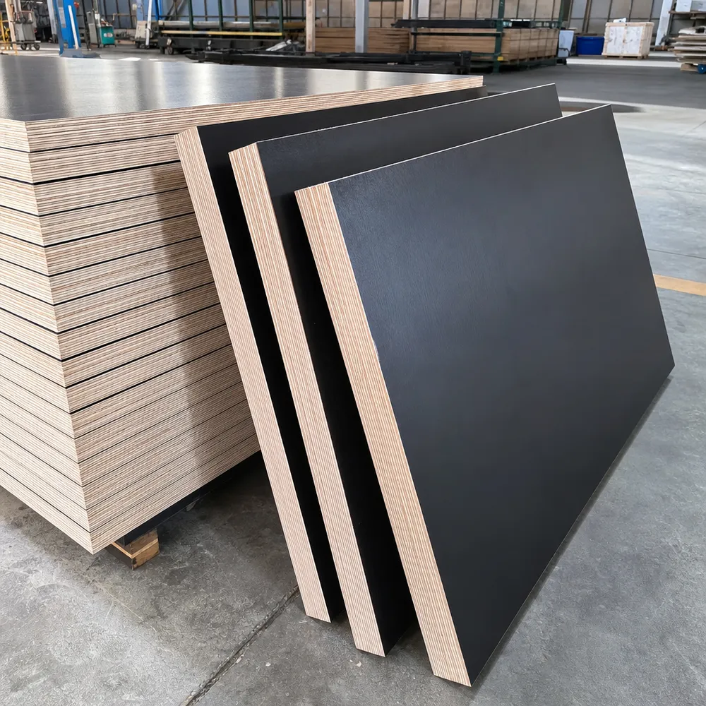 Birch film faced plywood panels with black phenolic film overlay — all-birch core construction for demanding formwork applications