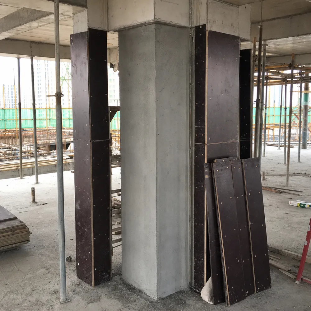 Birch film faced plywood column formwork showing smooth concrete finish after stripping