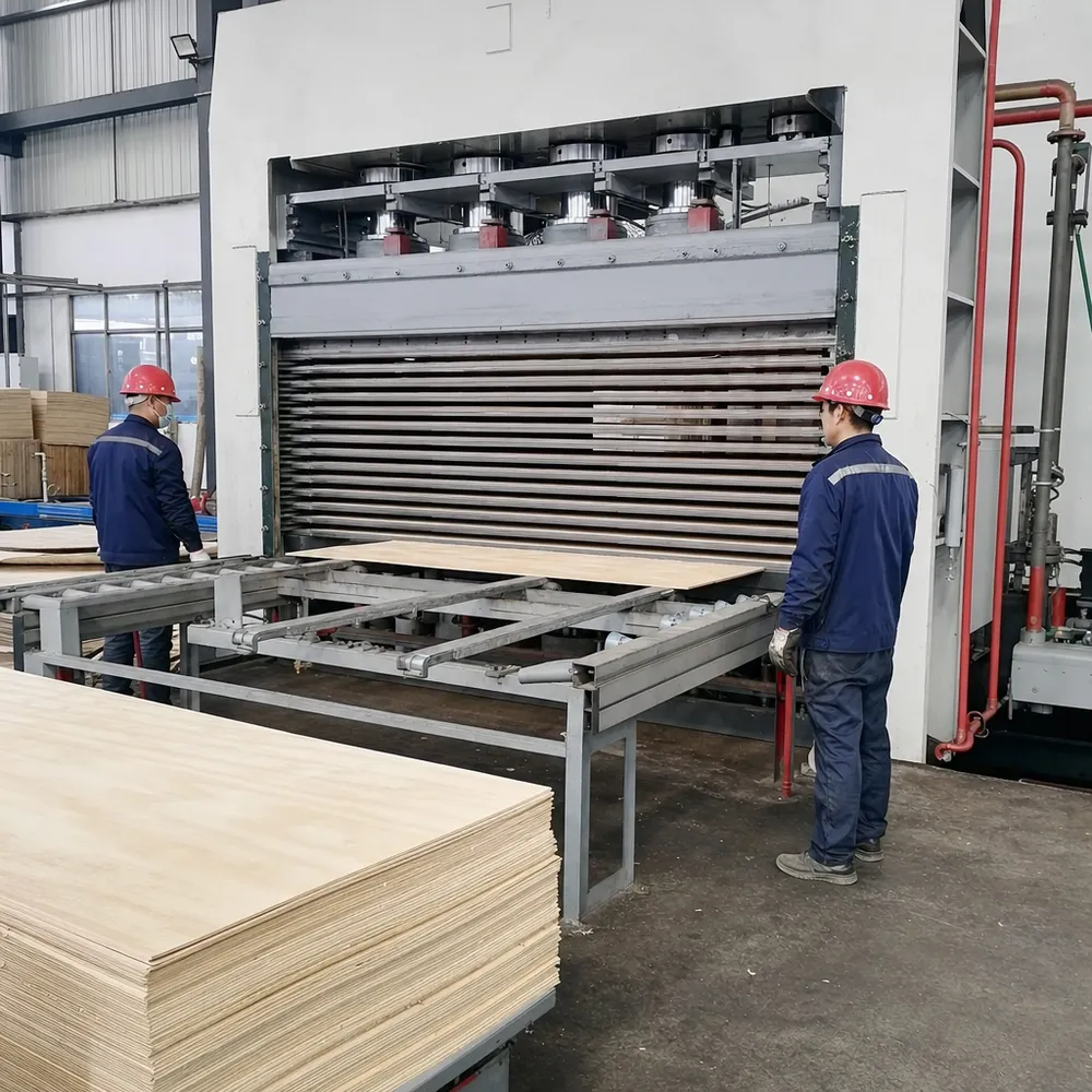 Hot press operation for birch core plywood at 1.4–1.6 MPa pressure