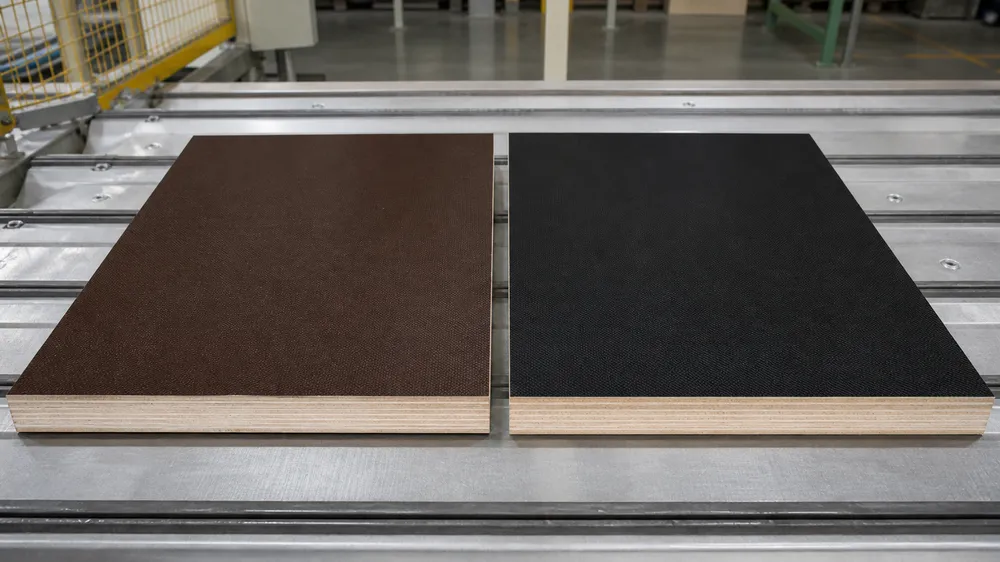 Brown and black film faced plywood panels side by side showing surface texture and film color difference