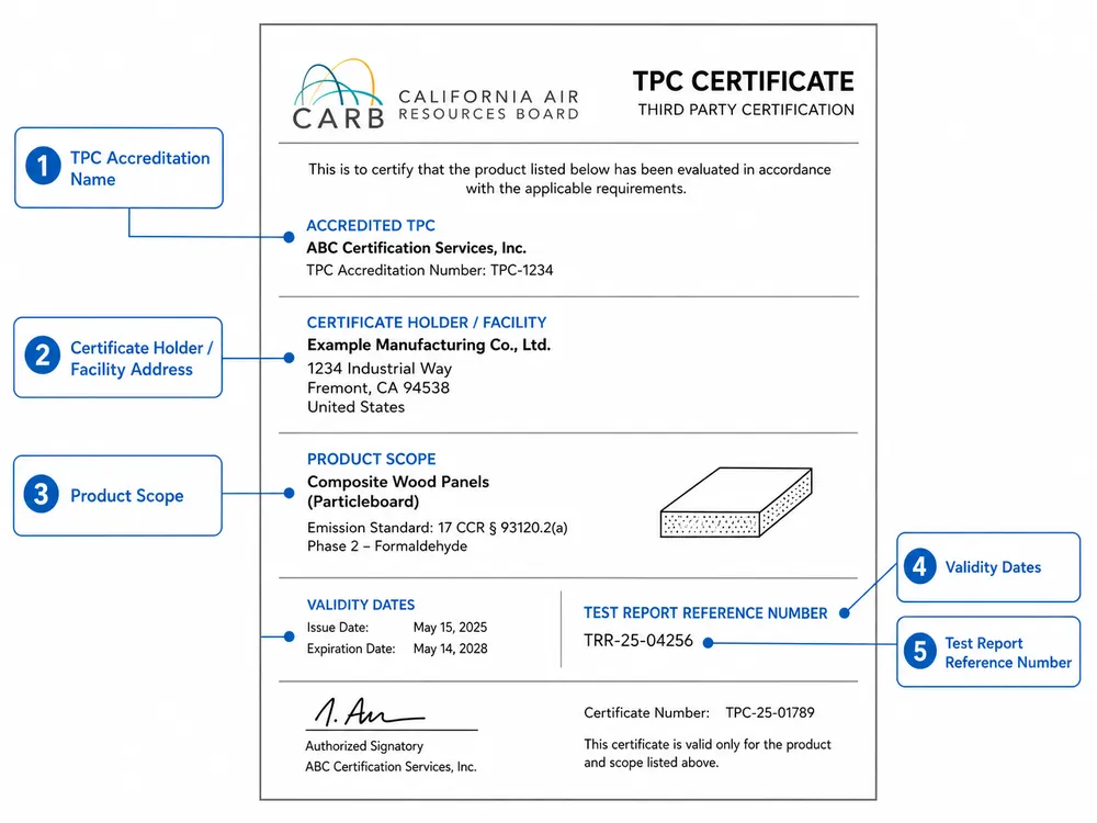 Annotated diagram of a CARB TPC certificate showing the five fields importers must verify