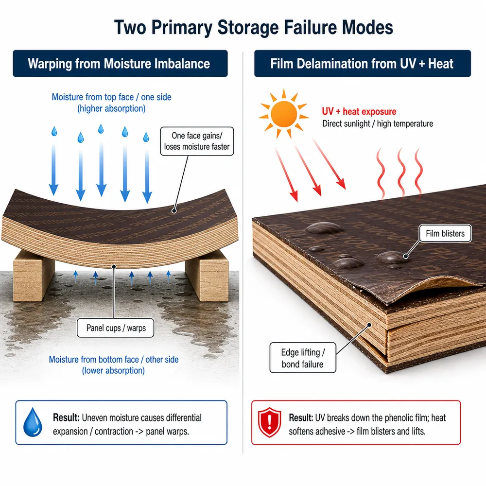 Diagram showing two film faced plywood failure modes — warping from moisture imbalance and film delamination from UV and heat exposure
