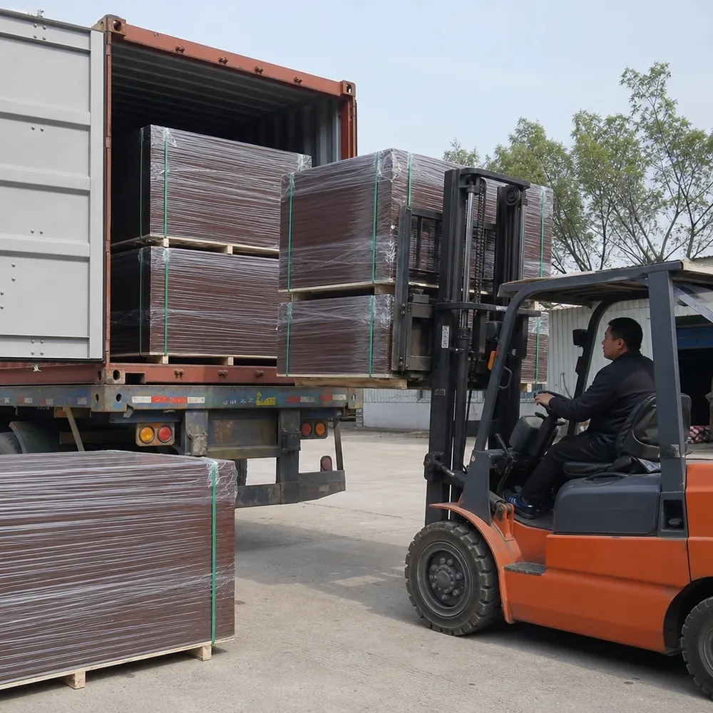 Brown film faced plywood bundles being loaded into export container with moisture-resistant film wrap