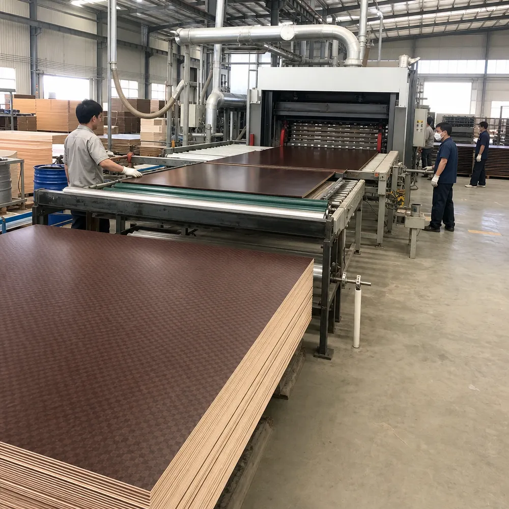 Film lamination press line for brown film faced plywood production at QDPlywood factory