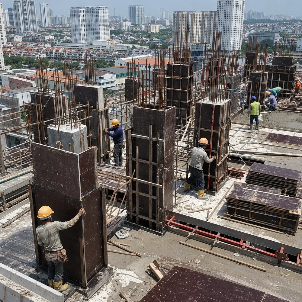 High-rise residential construction using brown formwork plywood in Southeast Asia