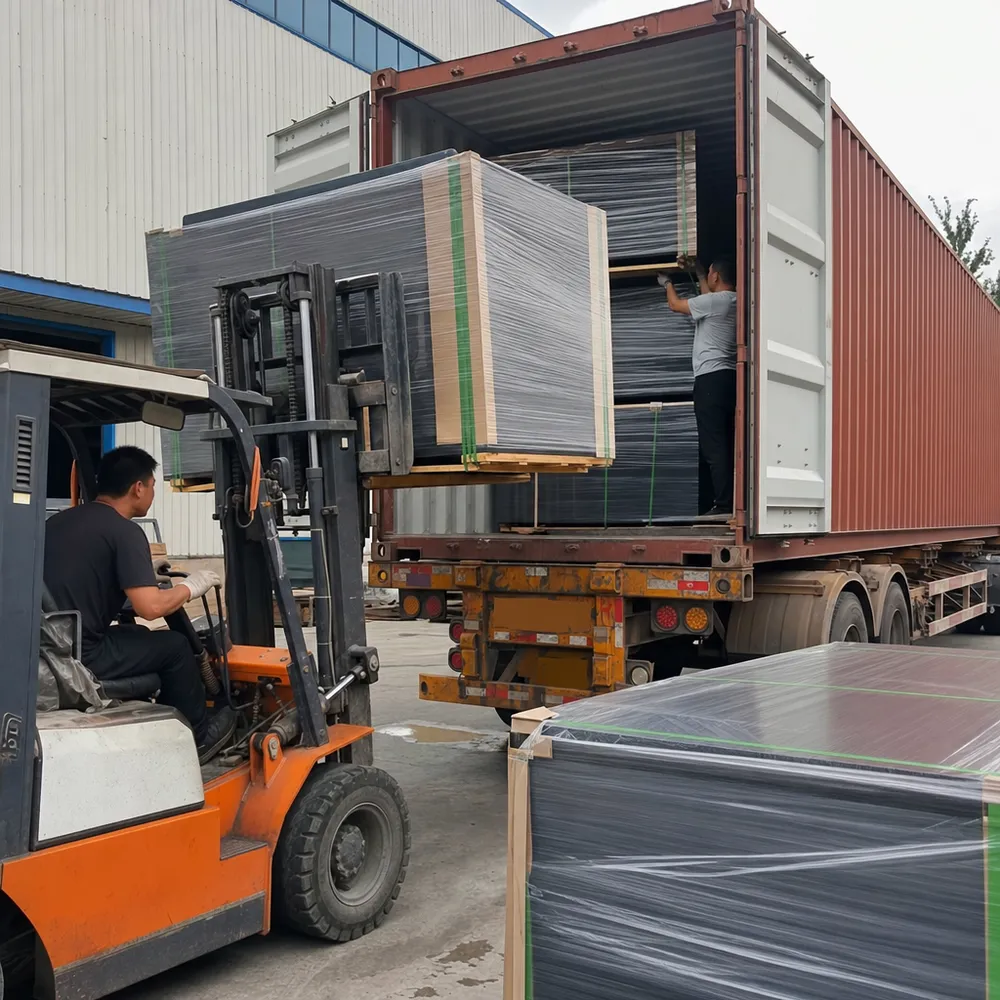 Film faced plywood panels bundled and loaded into a 40HQ shipping container at Xuzhou factory