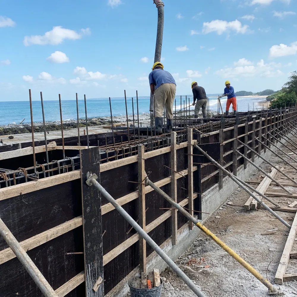 Marine film faced plywood used in coastal concrete formwork for seawall construction