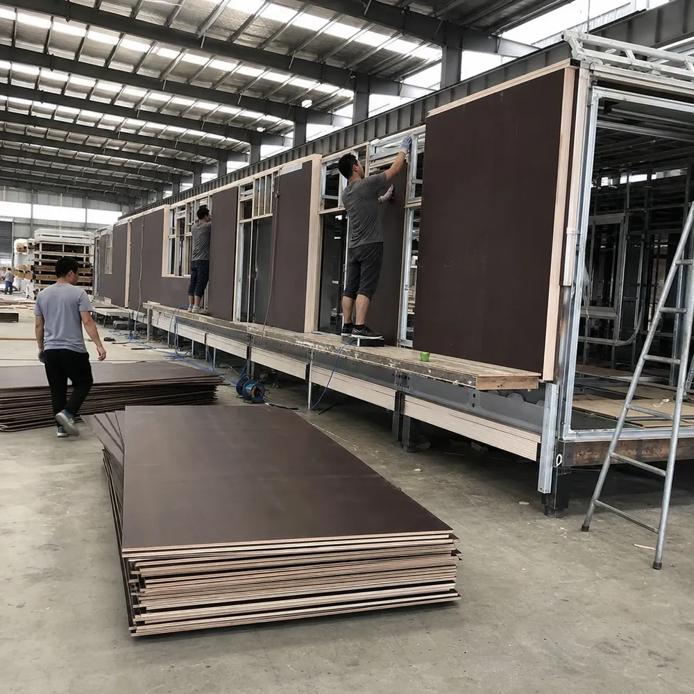 Marine film faced plywood used in prefabricated and modular building exterior structural panels
