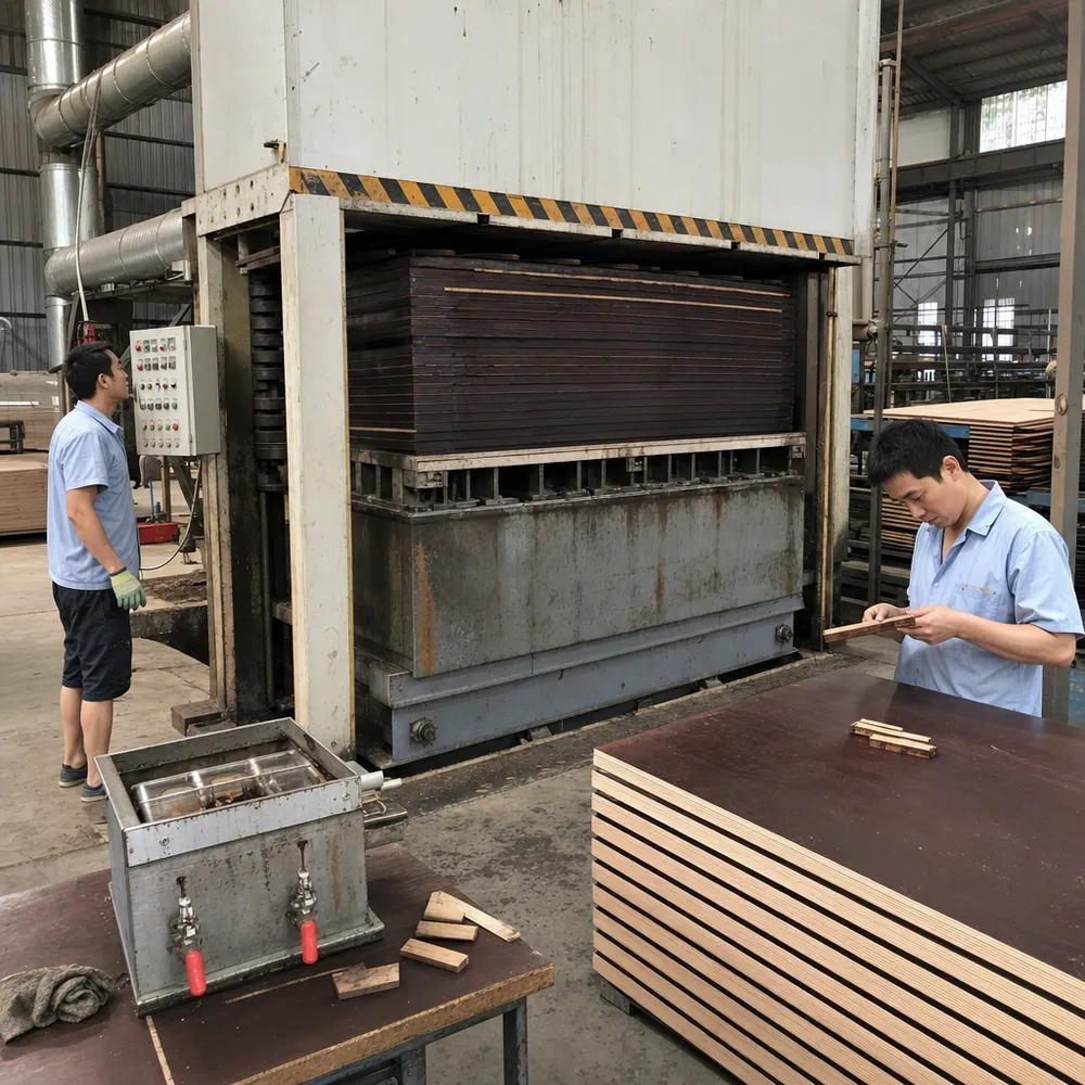 WBP phenolic resin hot press production process for marine film faced plywood glue line bonding