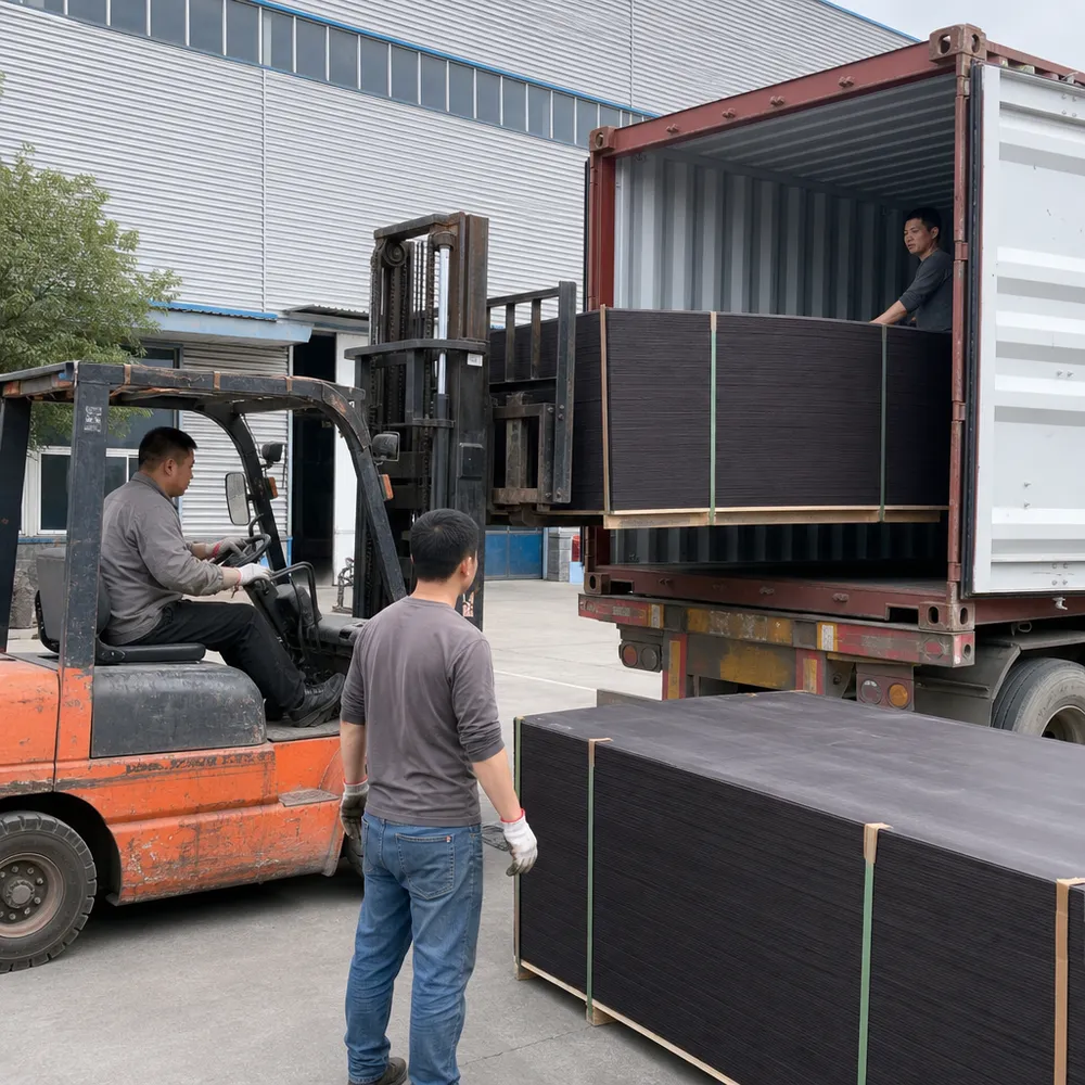 Export building materials distributor loading phenolic film faced plywood for North America and Europe markets