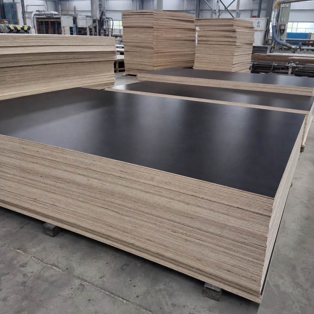 Phenolic film faced plywood panels stacked at QDPlywood factory — black film surface, WBP phenolic resin core