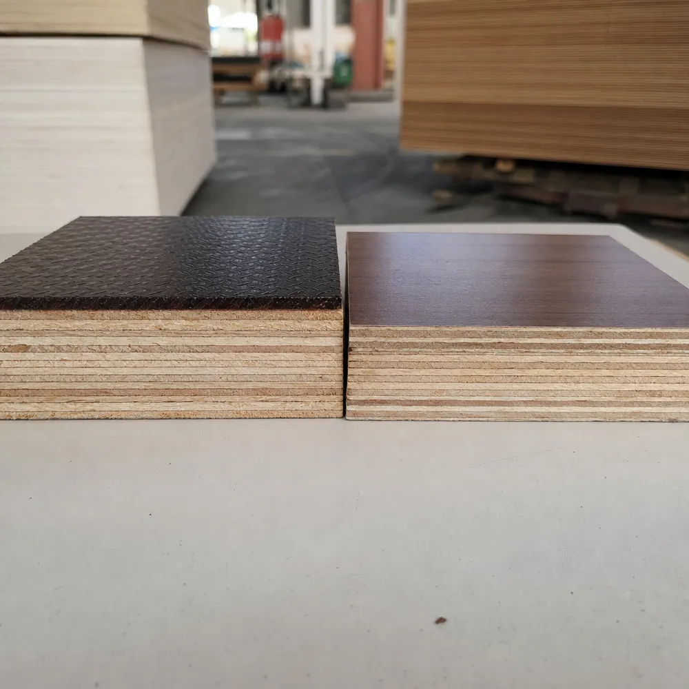 Cross-section comparison of phenolic resin film overlay versus melamine overlay on plywood panels