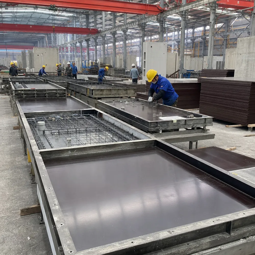 Precast concrete manufacturing plant using smooth-face phenolic film faced plywood for high-cycle formwork