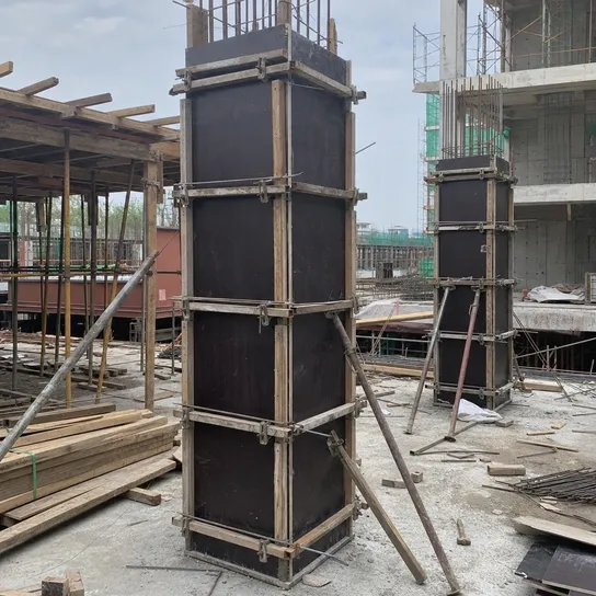 Shuttering film faced plywood panels forming column boxing on a construction site
