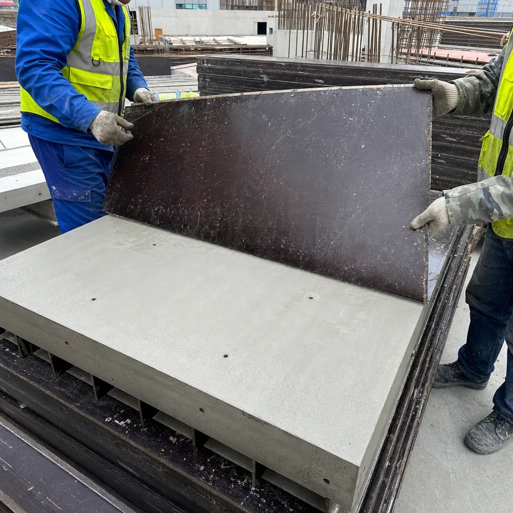 Shuttering film faced plywood panels used in concrete formwork — phenolic film surface releasing cleanly from cured concrete