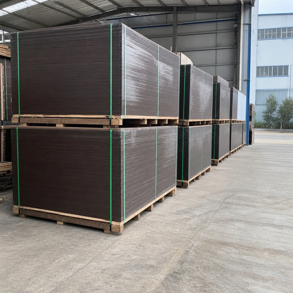 Shuttering film faced plywood panels stacked at QDPlywood factory ready for export