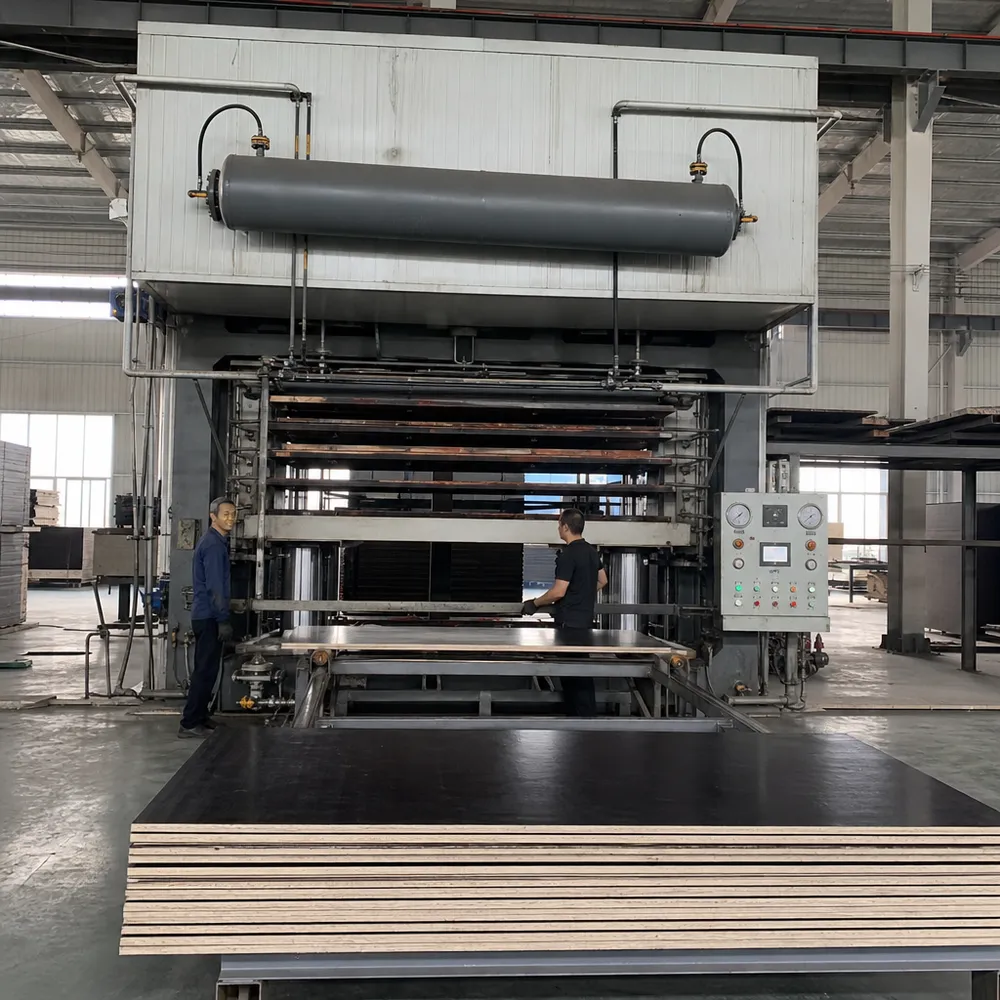 Shuttering plywood manufacturing press line with controlled temperature and pressure lamination