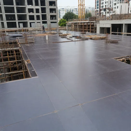 Shuttering film faced plywood used in slab formwork on a commercial construction site