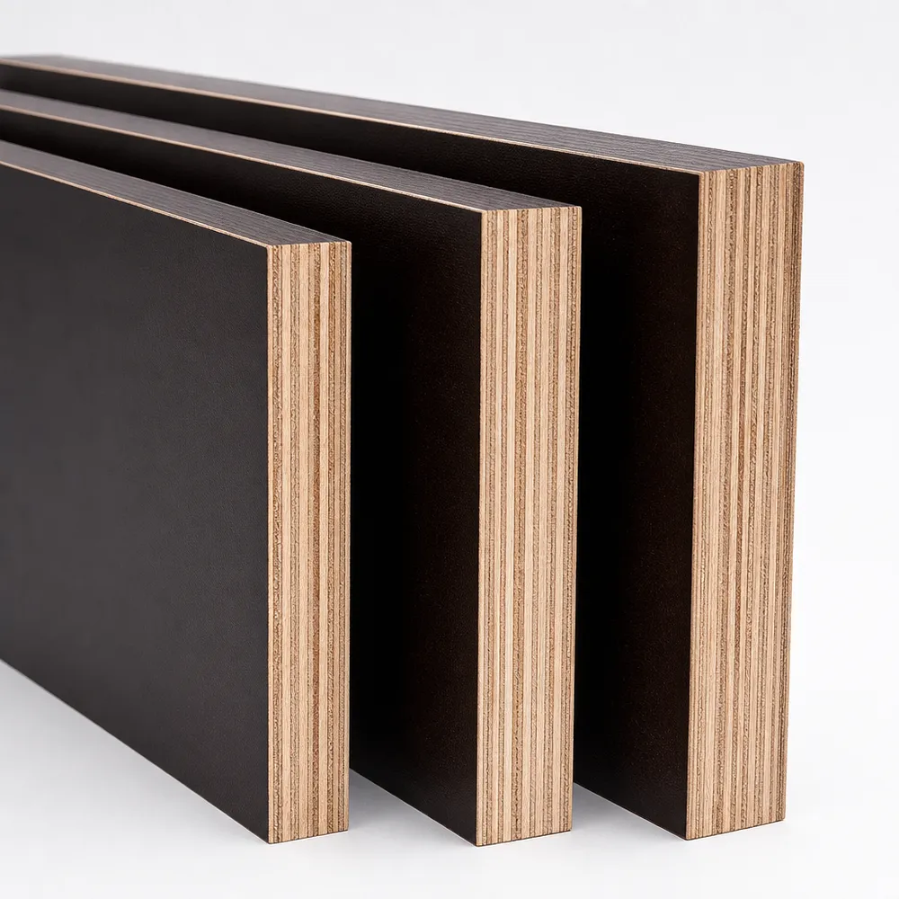 Shuttering film faced plywood thickness range — 12mm, 15mm, 18mm, 21mm panels showing cross-section and phenolic film surface