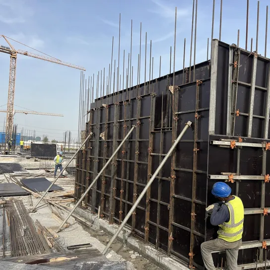 Shuttering film faced plywood wall formwork panels on a large concrete pour