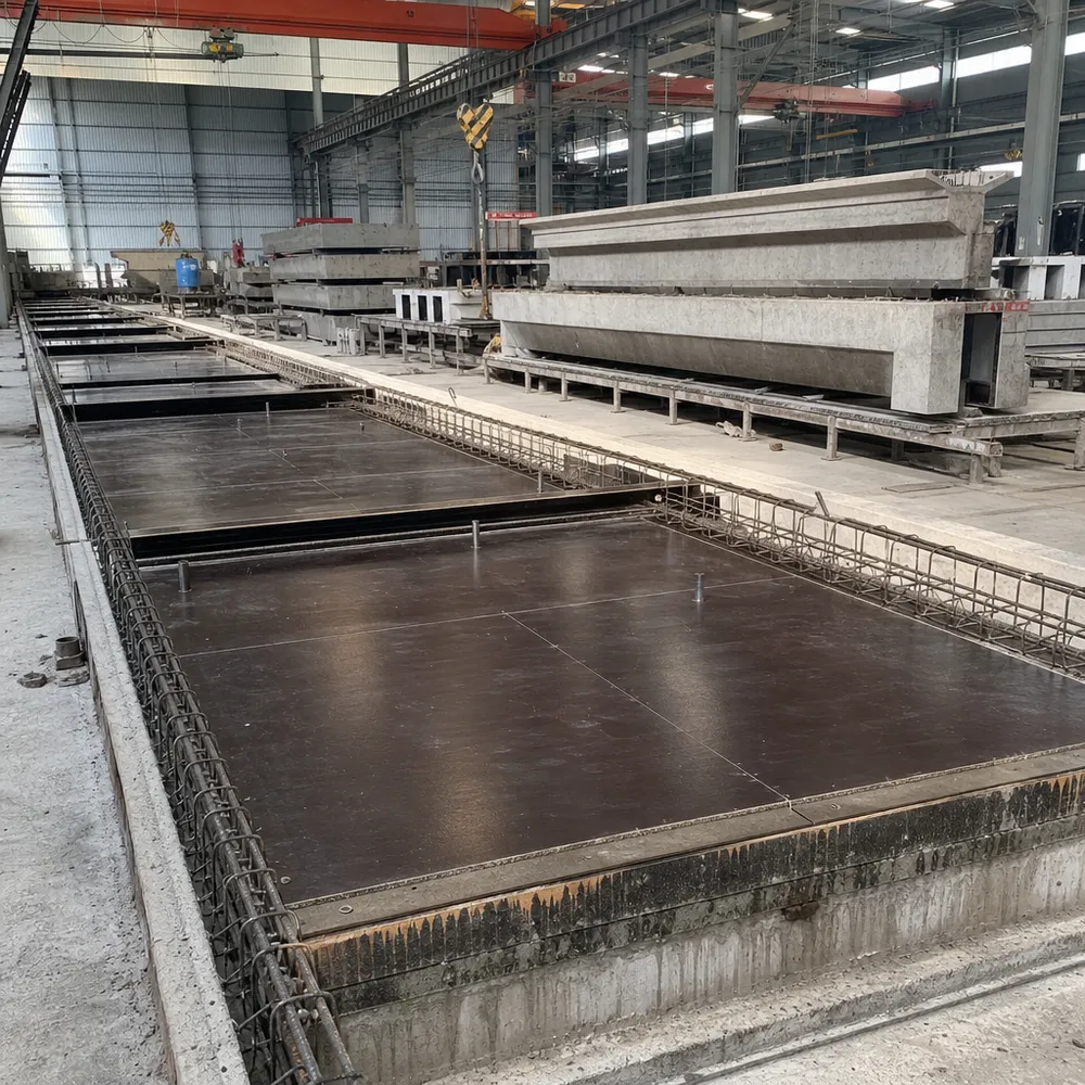 Structural film faced plywood forming panels in precast concrete manufacturing facility