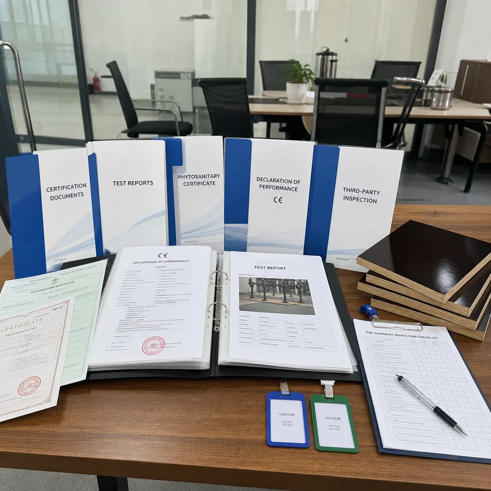Structural film faced plywood documentation package including CE declaration, test reports, and certifications