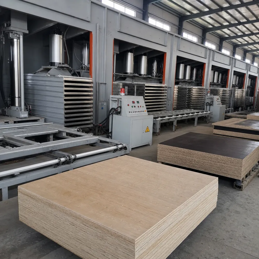 Multi-daylight hydraulic hot press production line for structural film faced plywood manufacturing