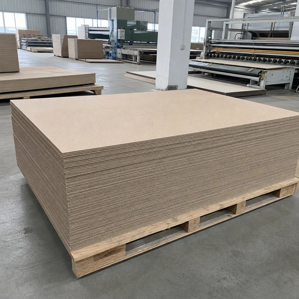 3mm hardboard sheets stacked at QDPlywood factory — smooth face, consistent density