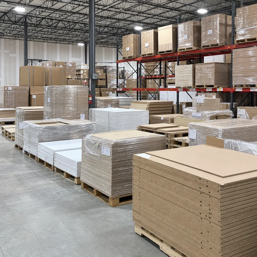 Furniture component distributor warehouse stocking hardboard panels for North American and European markets