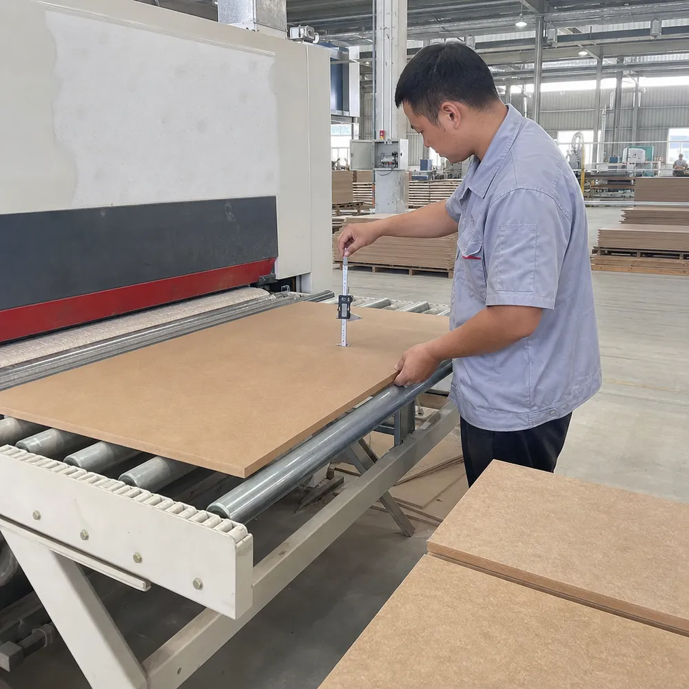 Furniture hardboard production line showing sanding calibration and thickness measurement at five points across the panel