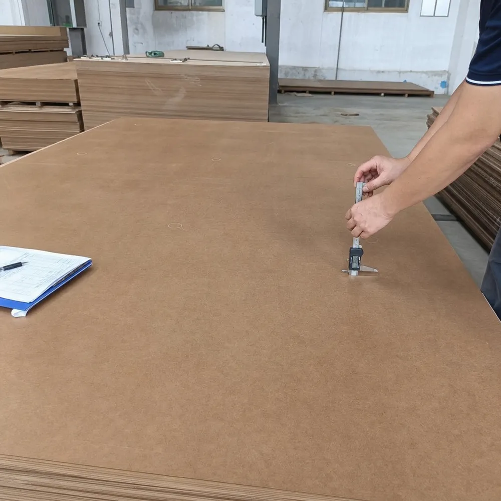 Hardboard panel thickness measurement at multiple points — ±0.2mm tolerance across the full panel surface