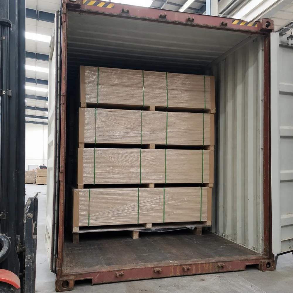 Hardboard paneling bundles loaded in 40HQ container with corner board edge protection