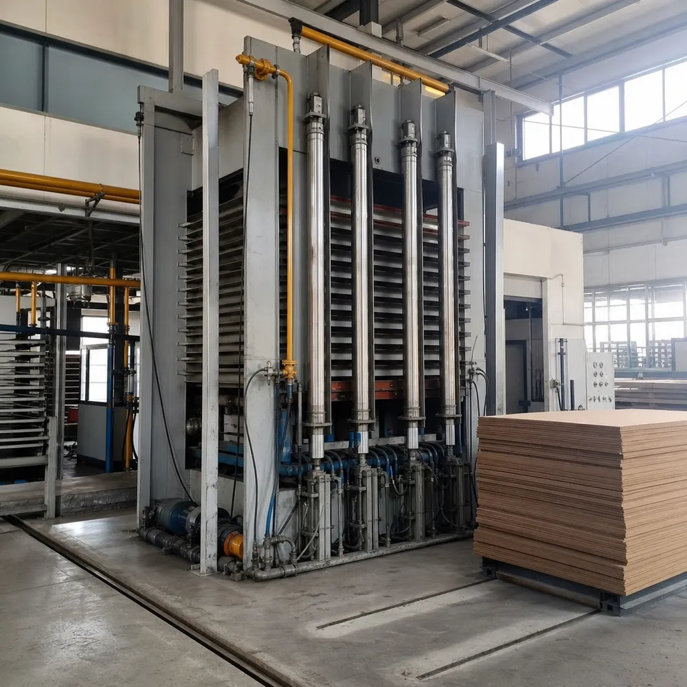 Multi-daylight hydraulic hot press for hardboard paneling production at QDPlywood factory