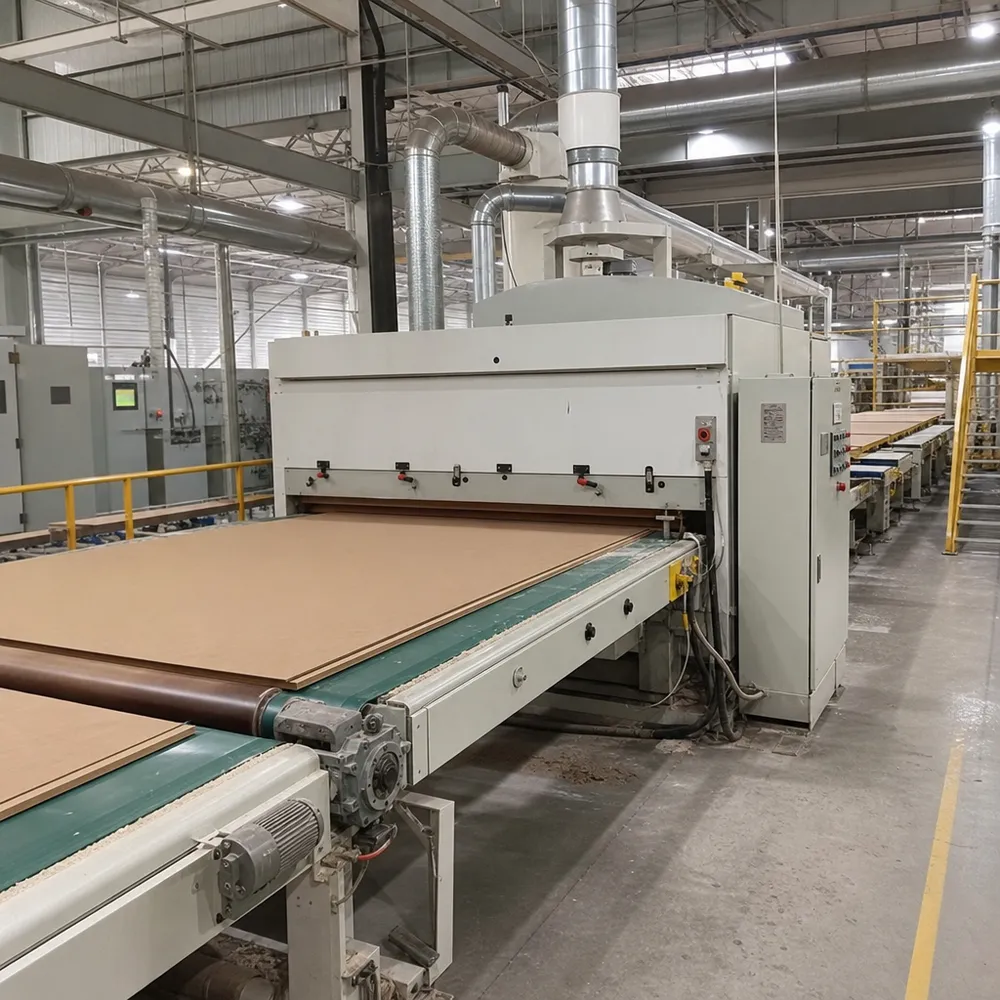Wide-belt sanding line for hardboard sheet production showing calibrated sanding equipment