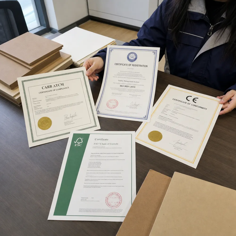 Hardboard sheet certification documentation including CARB P2, FSC, CE and ISO 9001 certificates
