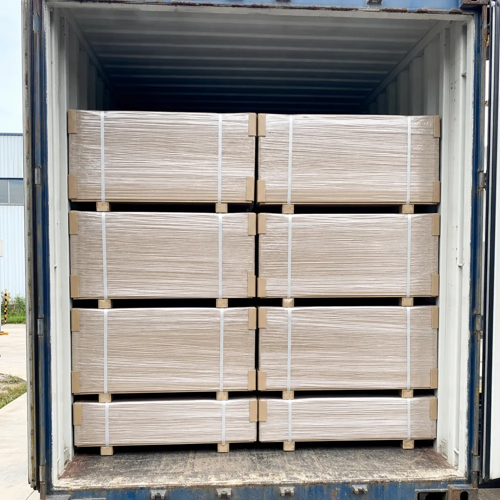 Hardboard sheet bundles loaded in 40HQ container with moisture-resistant wrapping and corner board edge protection