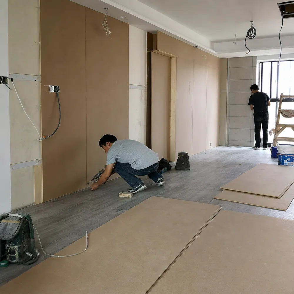 Hardboard sheet as substrate and underlayment in interior fit-out renovation