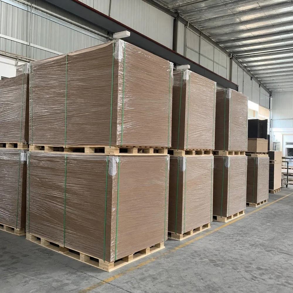 Hardboard panels stacked at QDPlywood factory ready for export