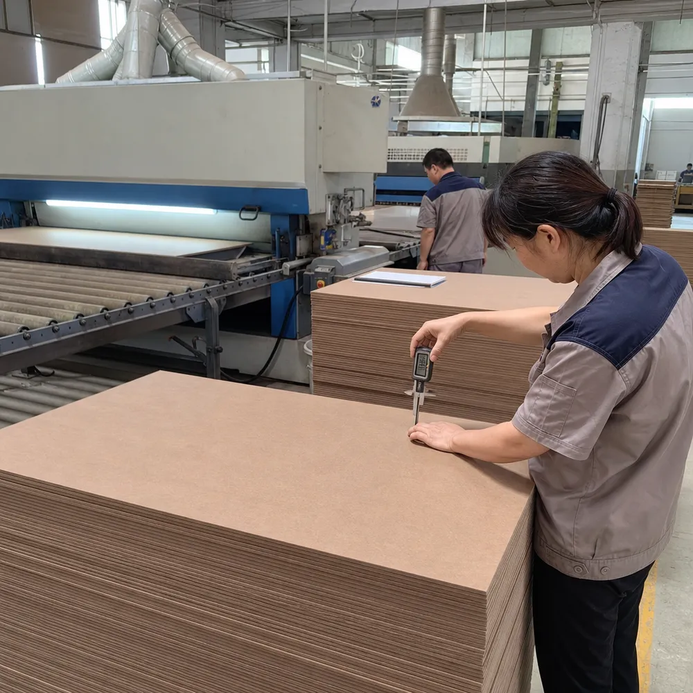 Hardboard quality control — calibrated sanding line measuring thickness tolerance